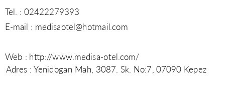 Medisa Otel telefon numaralar, faks, e-mail, posta adresi ve iletiim bilgileri